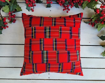Patchwork Red Stewart plaid pillow cover, decorative royal stewart throw pillow cover
