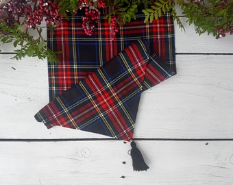 Black Stewart table runner, Black and navy tartan table runner - plaid , tartan, check, black ,blue, red, white