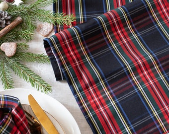 Black Stewart plaid table runner with red trim