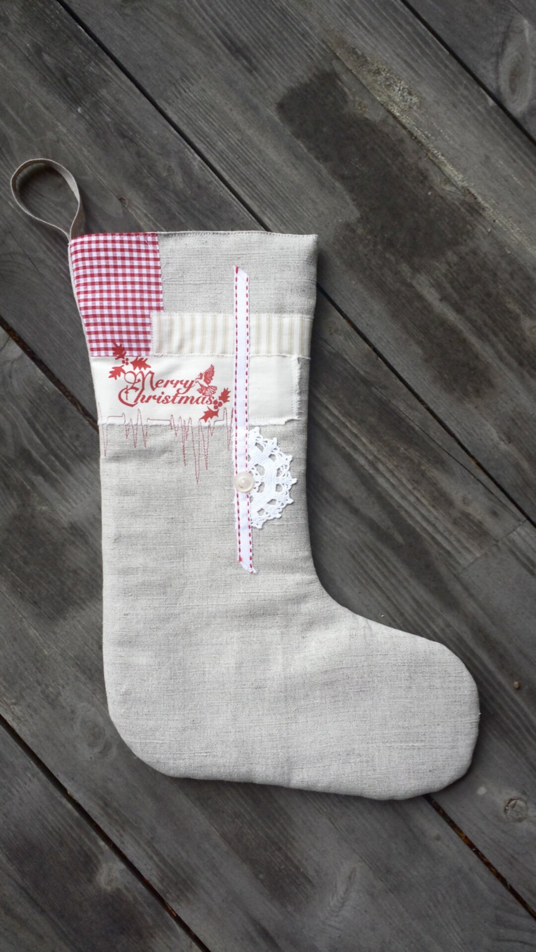 Vintage Inspired Christmas Stocking, One of a Kind Stocking, Artwork