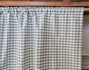 Green gingham rod pocket curtains sink skirt, checkered for bathroom, hanging for small windows, header drapes light filtering valances