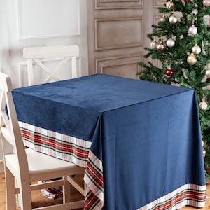 Navy velvet tablecloth with White Stewart trim image 1