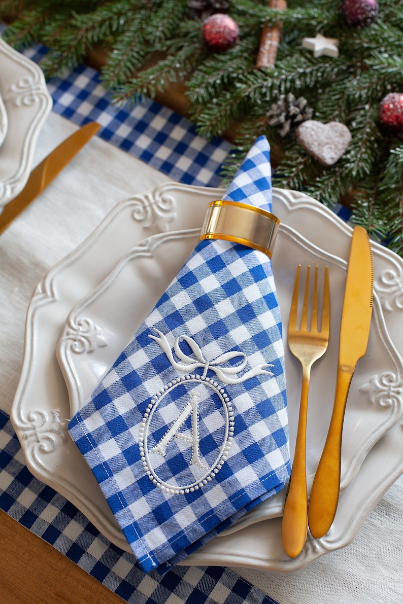 Personalized blue gingham napkins, Christmas napkins, Chinoicery napkins, Beatrice collection napkins image 1