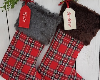 Plaid and fur christmas stocking, personalized stocking, traditional, cabin,  - plaid , tartan, check, red , black, gold, white