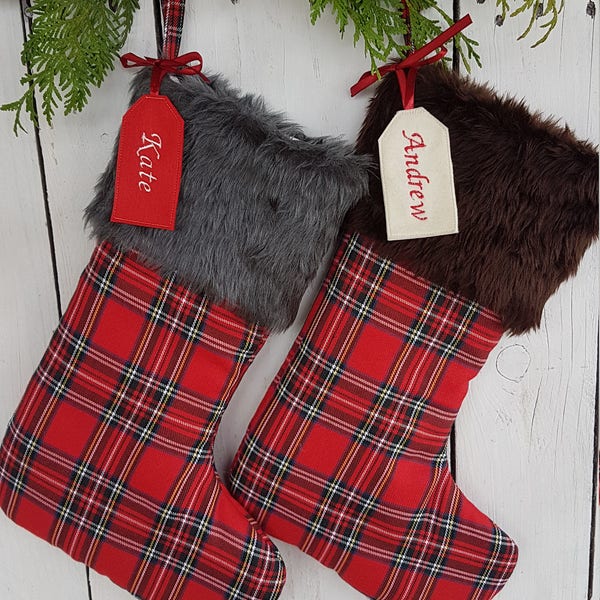 Plaid and fur christmas stocking, personalized stocking, traditional, cabin,  - plaid , tartan, check, red , black, gold, white