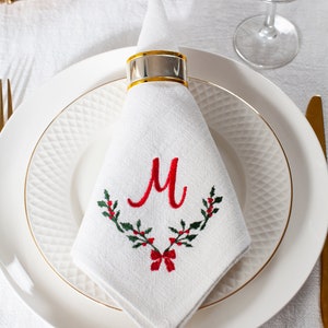 Holly collection linen napkins, personalized linen napkins, Holly napkins, embroidered Christmas napkins