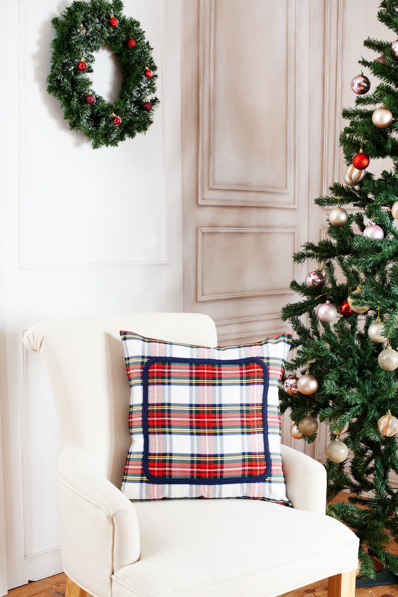 White Stewart plaid pillow cover with braided trim, farmhouse pillow cover, tartan pillow sham, white plaid decorative pillow cover image 2