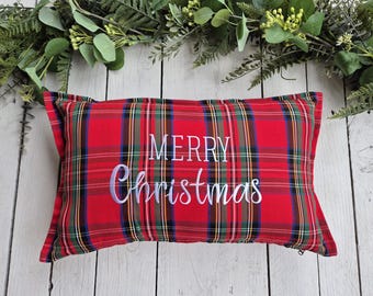 Royal Stewart Merry Christmas plaid pillow cover, farmhouse pillow cover, tartan pillow sham, green and red plaid pillow