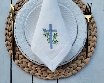 LEAF CROSS Easter napkins, Easter table runner, linen table runner , Matthew 28:6, He is risen