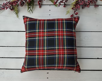 Plaid pillow cover, farmhouse pillow cover, tartan pillow sham, black, navy, green, red and white pillow cover