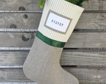 Vintage inspired stocking,cream and white ticking stocking, christmas stocking, linen stocking, burlap stocking, striped stocking