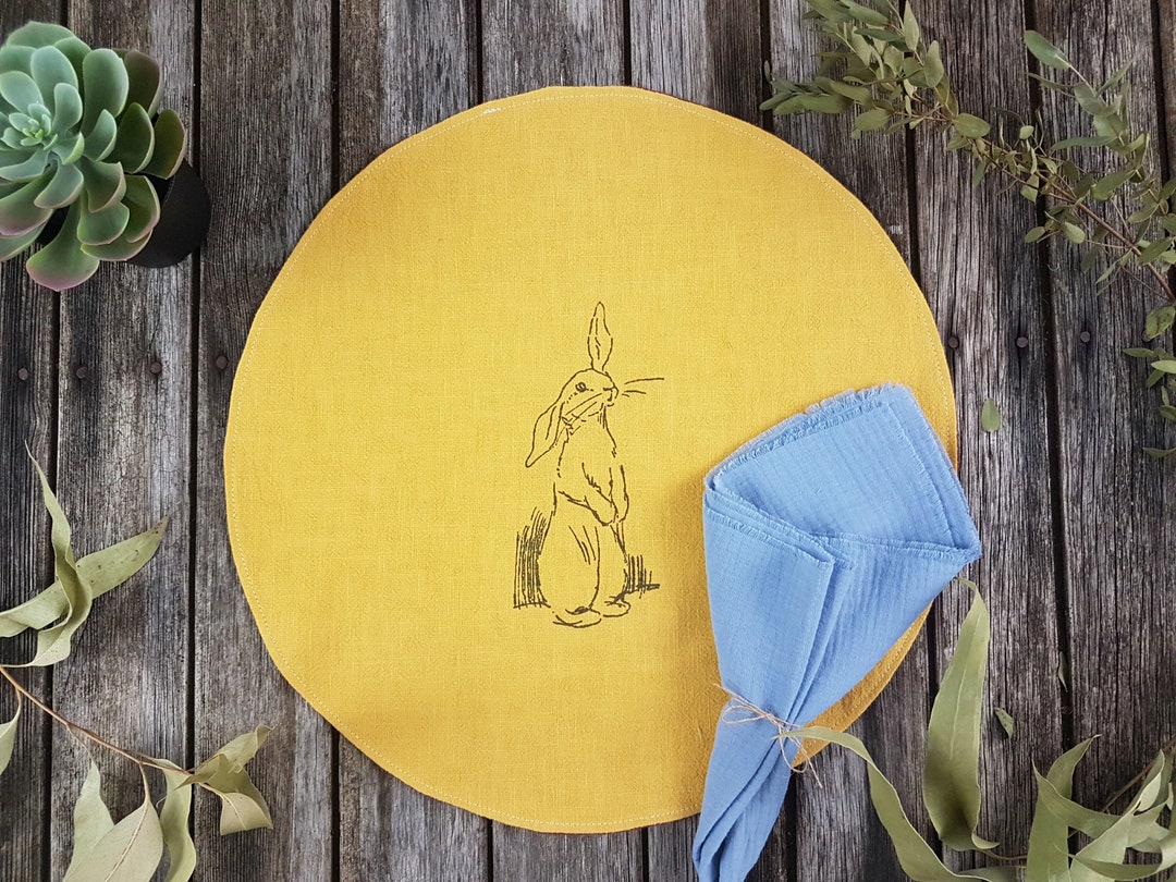 Round Linen Place Mats, Easter Placemats, Hare Place Mat, Easter Table