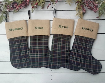 Plaid christmas stockings, family christmas stockings, tartan christmas stockings, burlap cuff stockings