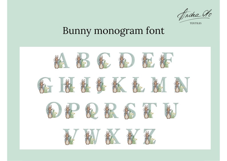 May include: A full alphabet in a bunny monogram font. Each letter is a soft blue-green color and features a bunny illustration with floral accents. The text "Bunny monogram font" is at the top of the image.