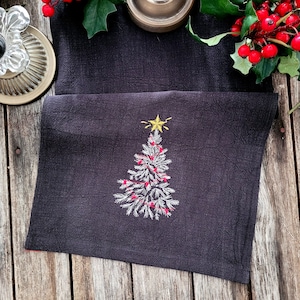 Christmas tree linen embroidered table runner, embroidered Christmas table runner