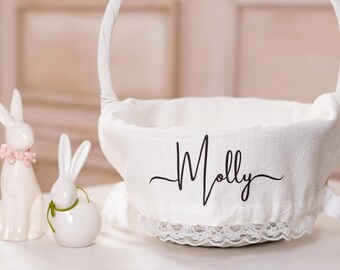 Basket liner, Customize Easter, girl boy name monogramm basket liner, linen with lace egg basket