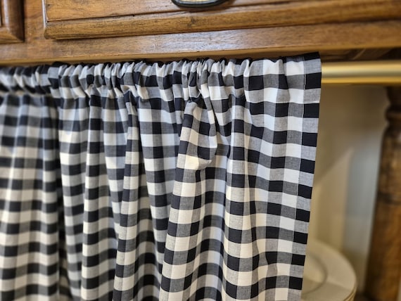Rod pocket gingham curtains, sink skirt, gingham checkered for bathroom, hanging for small windows, header drapes light filtering valances