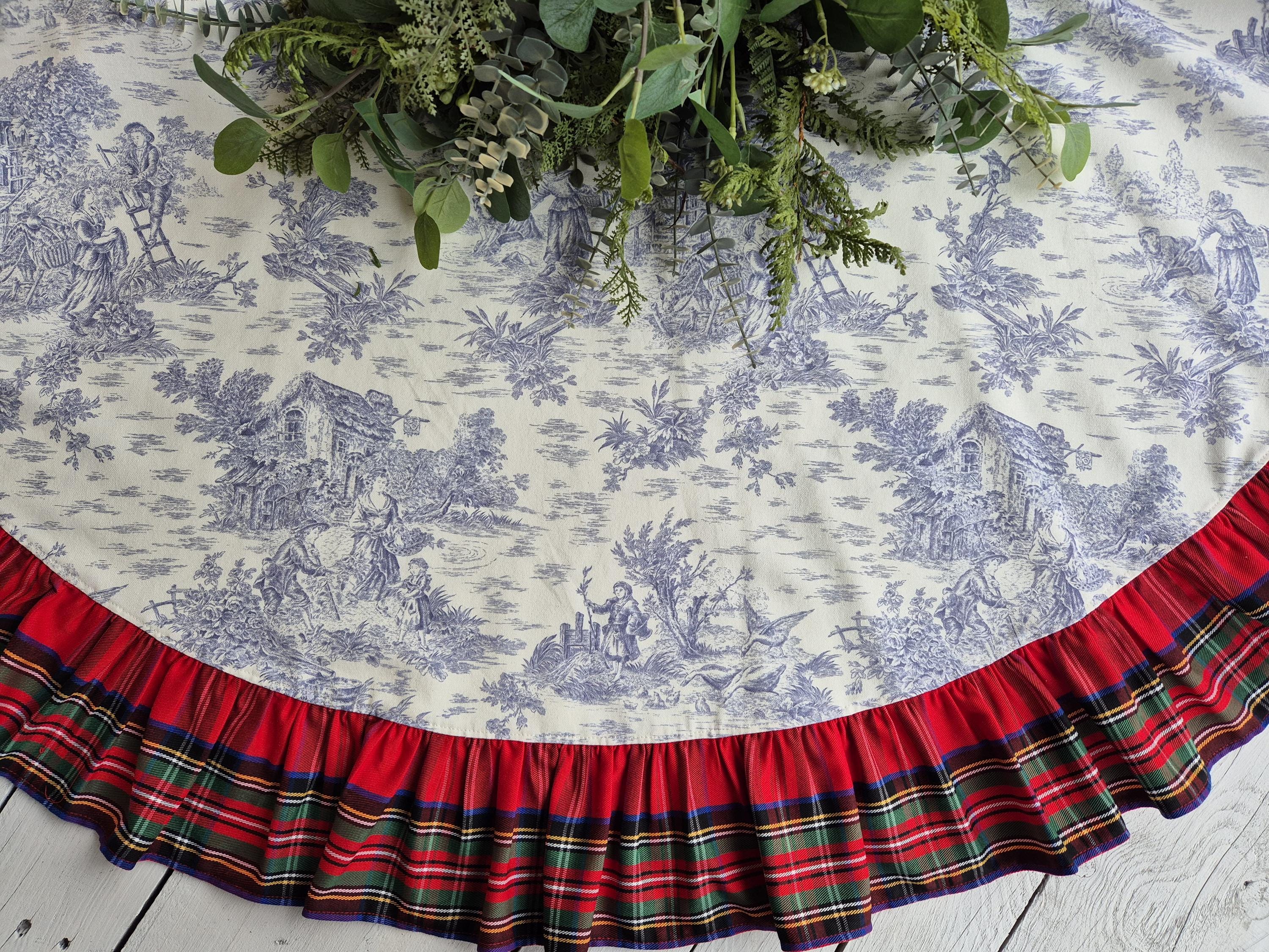 Blue Toile tree skirt with plaid trim, Chinoicery tree skirtr, Blue Christmas, French country Christmas decor