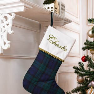 Personalized Plaid Christmas stockings with pompom trimmed cuff, family Christmas stockings, tartan Christmas stockings
