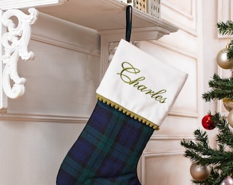 Personalized Plaid Christmas stockings with pompom trimmed cuff, family Christmas stockings, tartan Christmas stockings