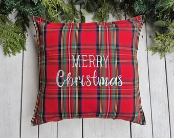 Merry Christmas Royal Stewart plaid pillow cover, farmhouse pillow cover, tartan pillow sham, red plaid pillow, christmas embroidery decor
