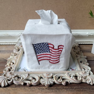Patriotic linen tissue box cover, 4th of July linen tissue box cover, Independence day home decor