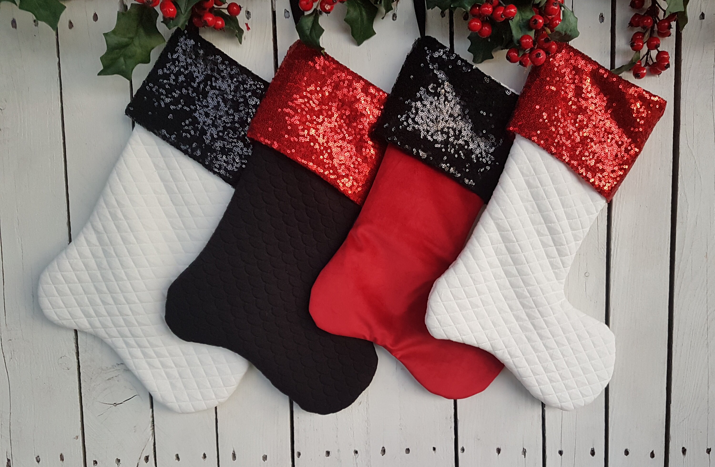 Sequin christmas stockings, black christmas stockings, red christmas stockings, red and black stockings