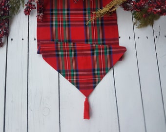 Red plaid table runner with tassel - plaid , tartan, check, red ,blue, black, green, white