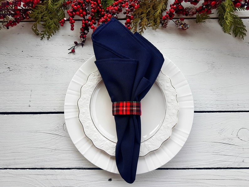 Plaid napkin rings, Christmas napkin rings, napkin ties Red and Blue