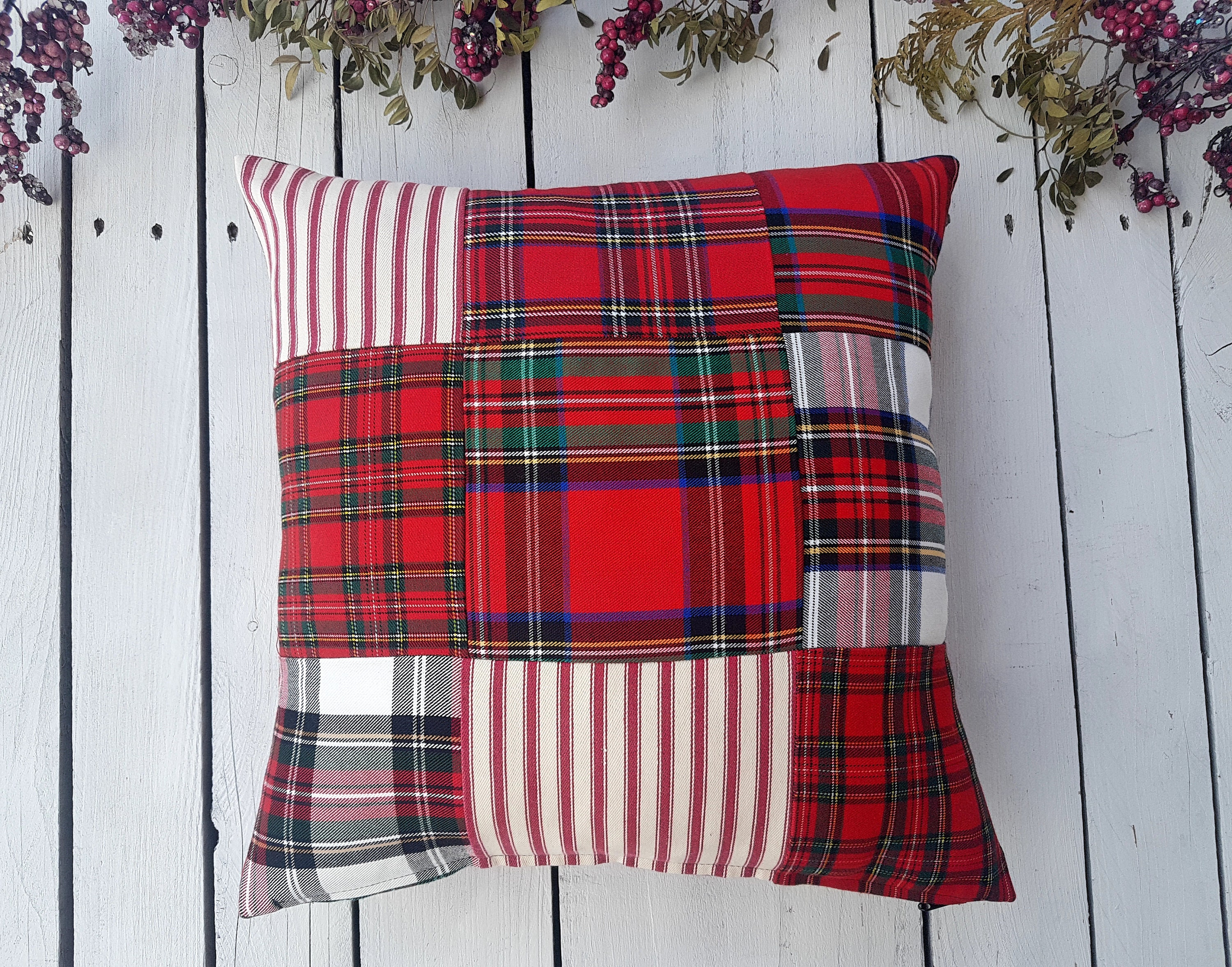 Navy Patchwork Pillow Cover Farmhouse Pillow Covers Plaid Etsy