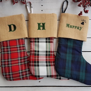 Plaid christmas stockings, family christmas stockings, tartan christmas stockings, burlap cuff stockings