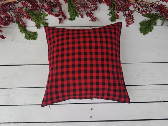 Scottish Buffalo Plaid Throw Pillow Covers – Farmhouse Holiday Decor, Red & Black Check, 18x18 Inch, Zipper Closure