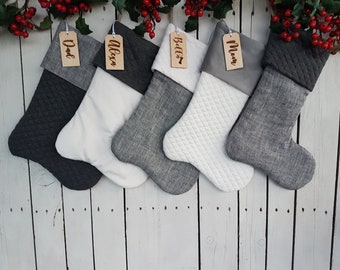 Christmas stockings, family christmas stockings, gray, silver, ivory stockings, quilted stockings, tan stockings