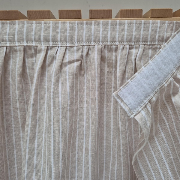 Tan stripes sink skirt, shelf covering skirt, utility skirt, vanity shelf skirt, self adhesive sink skirt, Hook and loop skirt