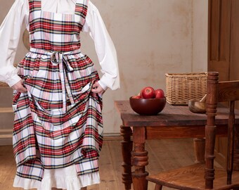 Gingham Pinafore Dress for Ladies, Tartan Cottage Apron With