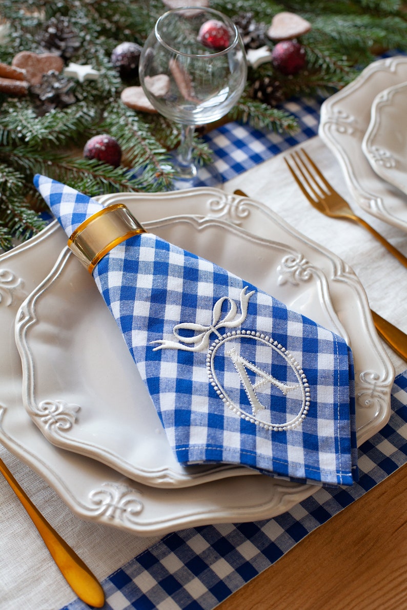 Personalized blue gingham napkins, Christmas napkins, Chinoicery napkins, Beatrice collection napkins image 3
