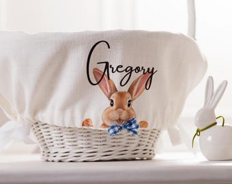 Fodera per cestino per bambini, personalizza Pasqua, fodera per cestino con monogramma del nome di bambina e bambino, cestino per le uova in lino, cestino con fiocco e coniglietto per bambini