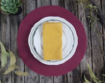 Burgundy linen place mats, vine placemats, yellow placemat,  table linen, dark red mats