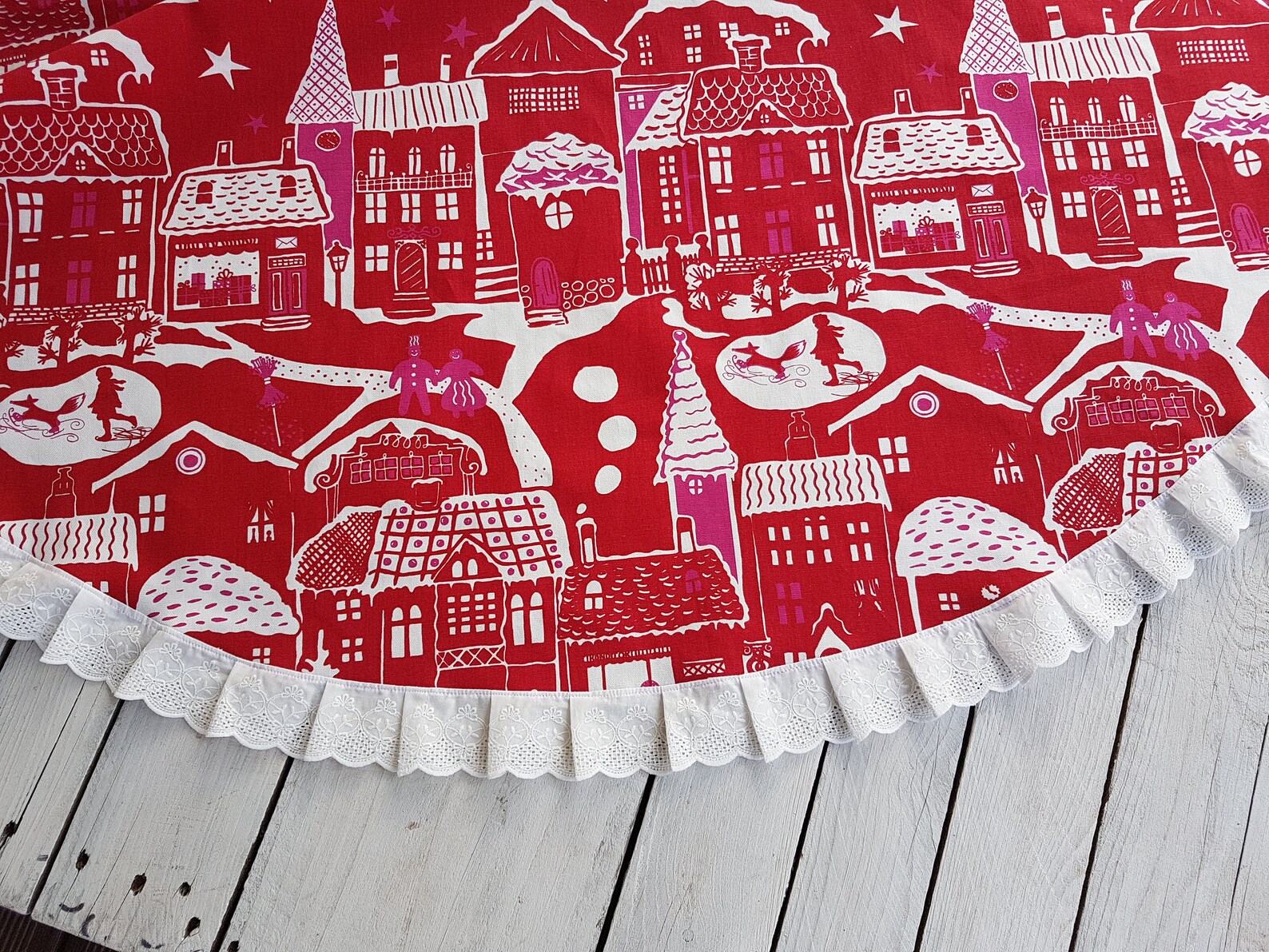 Ruffled Tree Skirt Red Tree Skirt With Ruffled Lace Stars Etsy