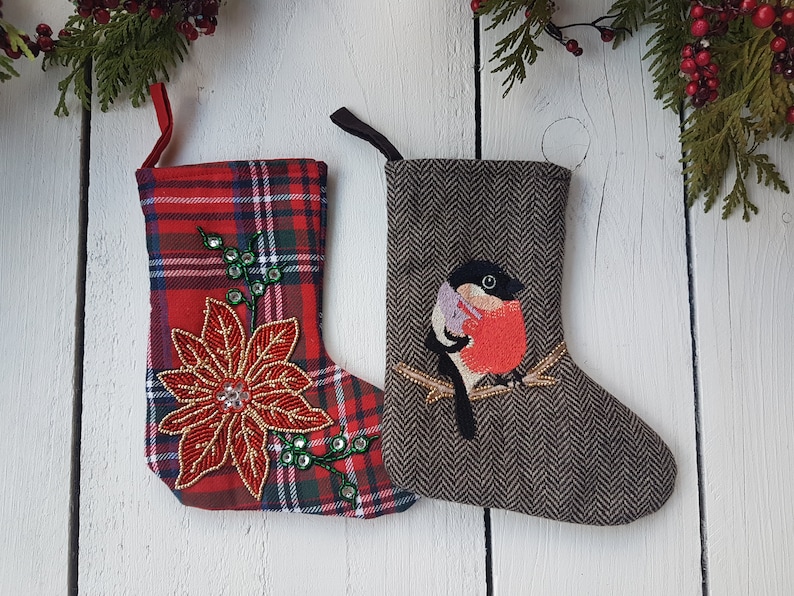 Robin Christmas stockings, small stockings, embroidered stockings, Whimsical little Christmas stockings image 3