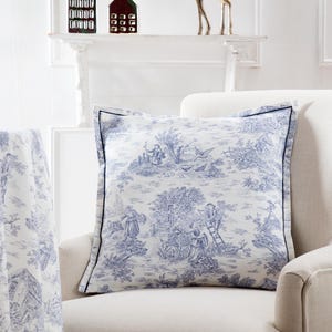 Blauwe Toile-kussenhoes, Frans toile-sierkussen, Toile de Jouy-kussenhoes