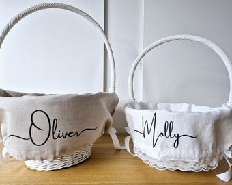 Basket liner, Customize Easter, girl boy name monogramm basket liner, linen with lace egg basket