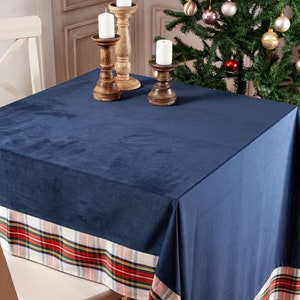 Navy velvet tablecloth with White Stewart trim image 5