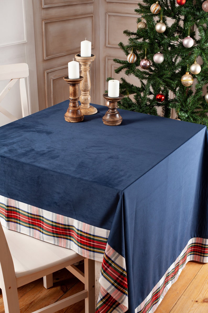 Navy velvet tablecloth with White Stewart trim image 5