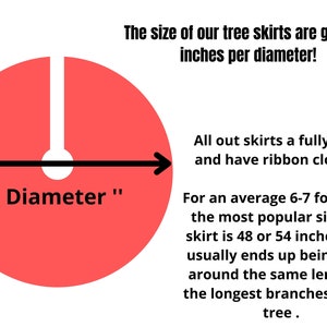 May include: Red tree skirt diagram with diameter measurement in inches. Text states tree skirt sizes are given in inches per diameter. Popular sizes are 48 or 54 inches for a 6-7 foot tree.