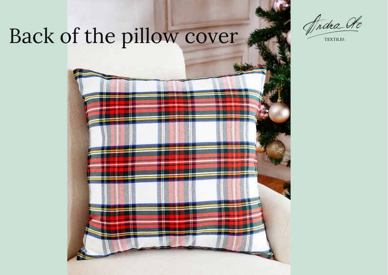 White Stewart plaid pillow cover with braided trim, farmhouse pillow cover, tartan pillow sham, white plaid decorative pillow cover image 6