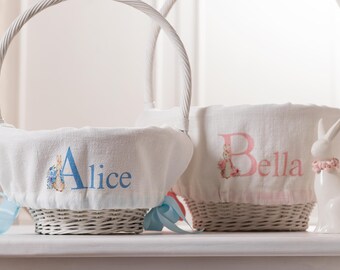 Fodera per cestino a forma di coniglietto, personalizza la Pasqua, fodera per cestino con monogramma del nome di bambina e bambino, cestino per le uova in lino, cestino per baby shower