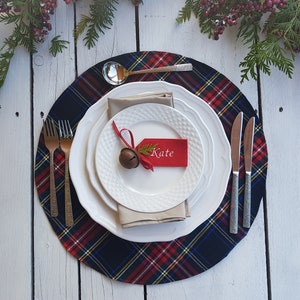 Plaid place mats, black and navy placemats, Christmas place mats, round placemats. place mats, table setting, tartan mats, center piece
