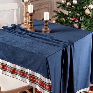 Navy velvet tablecloth with White Stewart trim image 2