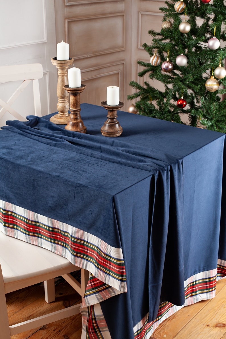 Navy velvet tablecloth with White Stewart trim image 2